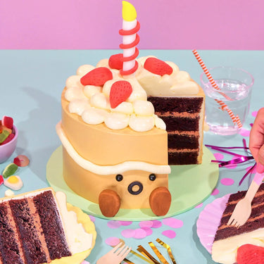 Jellycat Amuseables Birthday Cake with chocolate layers, icing, strawberry decorations, and Crumbs & Doilies details.